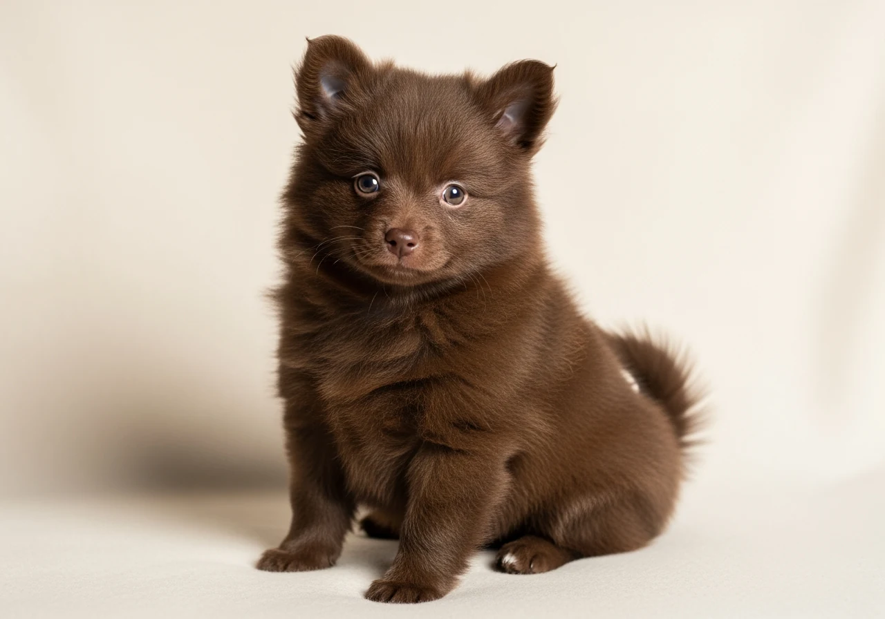 Chiot Spitz Nain de quelques semaines dans les bras de son eleveur